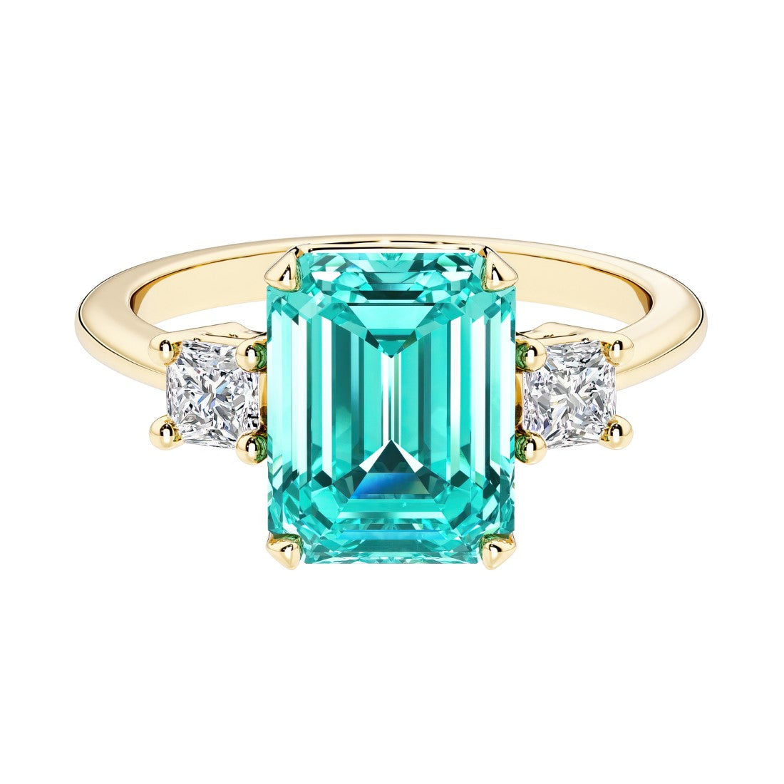 Emerald cut 3 stone engagement ring with green gemstone and diamond accents.
