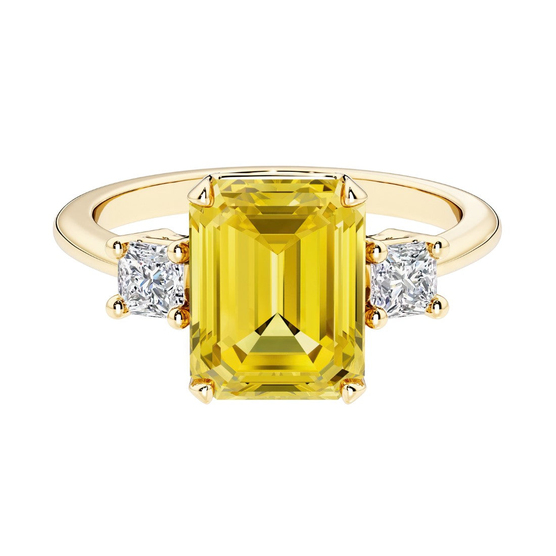 Emerald cut 3 stone engagement ring with yellow gemstone and diamond accents.