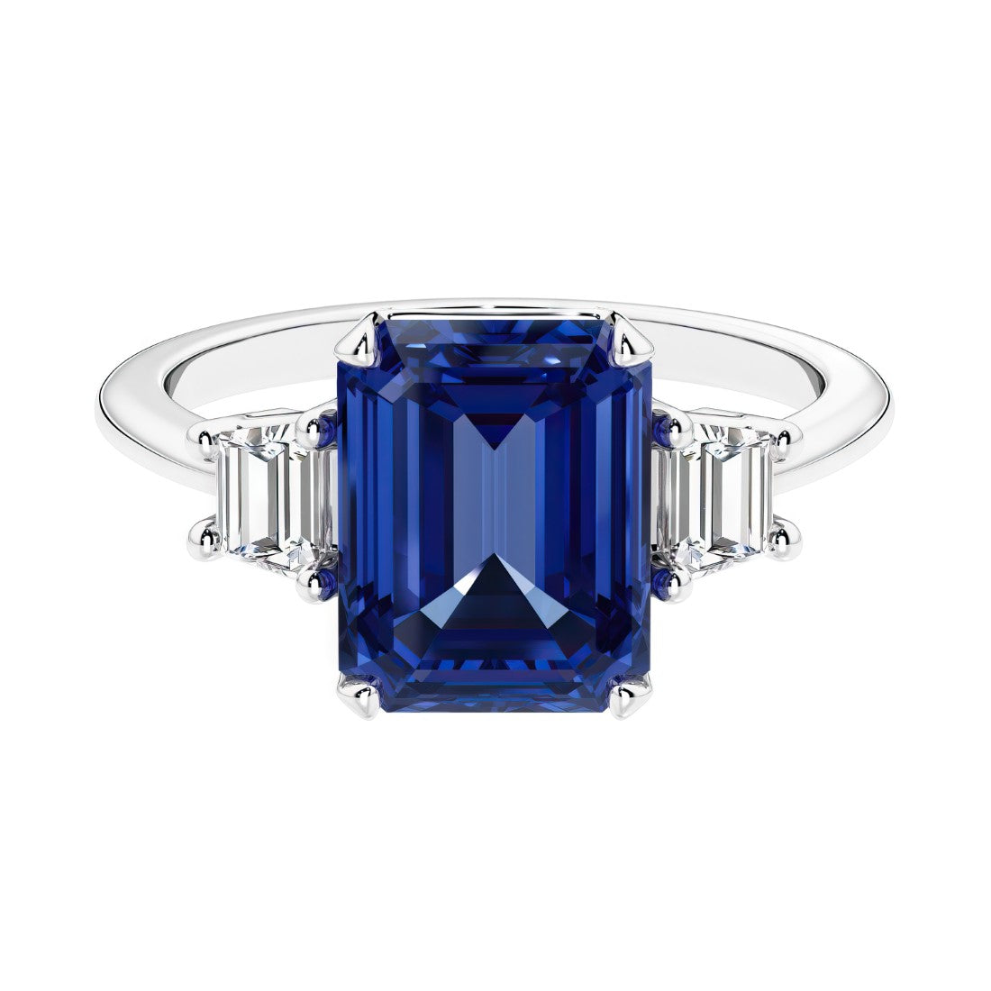 Three stone emerald cut engagement ring for timeless elegance featuring blue gemstone and diamonds.