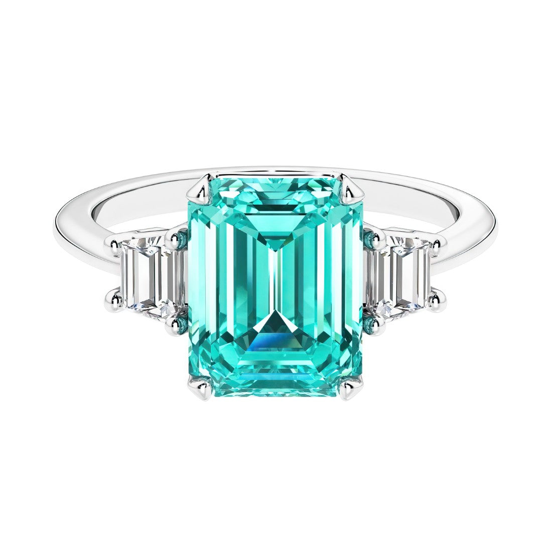 Three stone emerald cut engagement ring for timeless elegance featuring green gemstone and diamonds.
