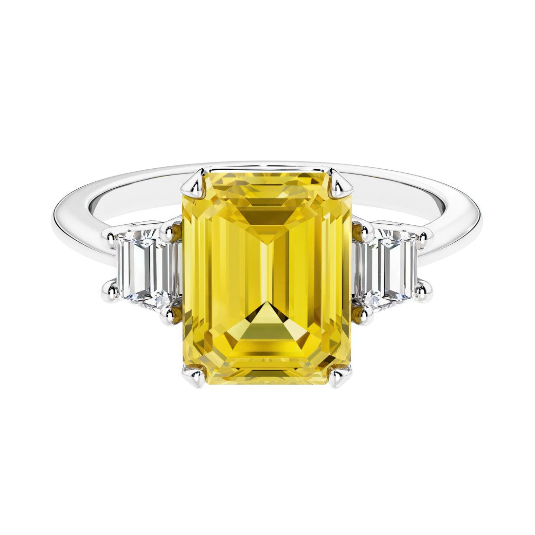 Three stone emerald cut engagement ring for timeless elegance featuring yellow gemstone and diamonds.