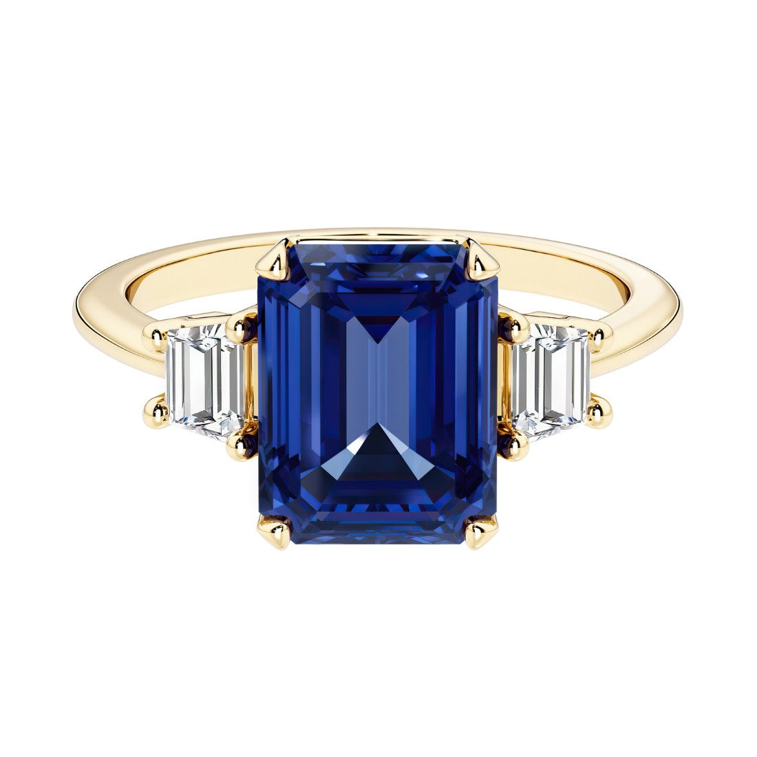 Emerald cut 3 stone engagement ring with blue gemstone and diamond accents.