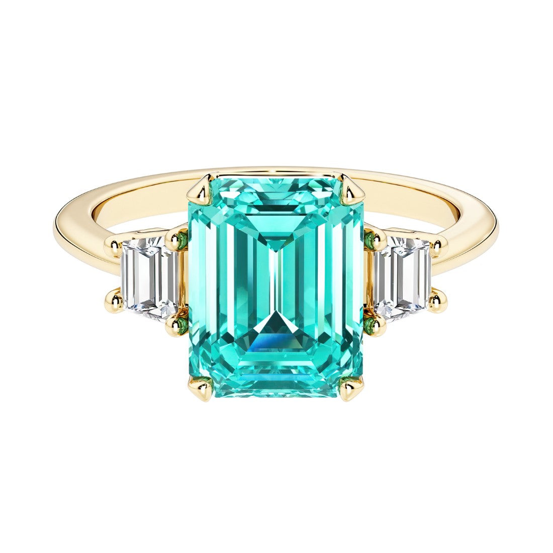 Emerald cut 3 stone engagement ring with green gemstone and diamond accents.