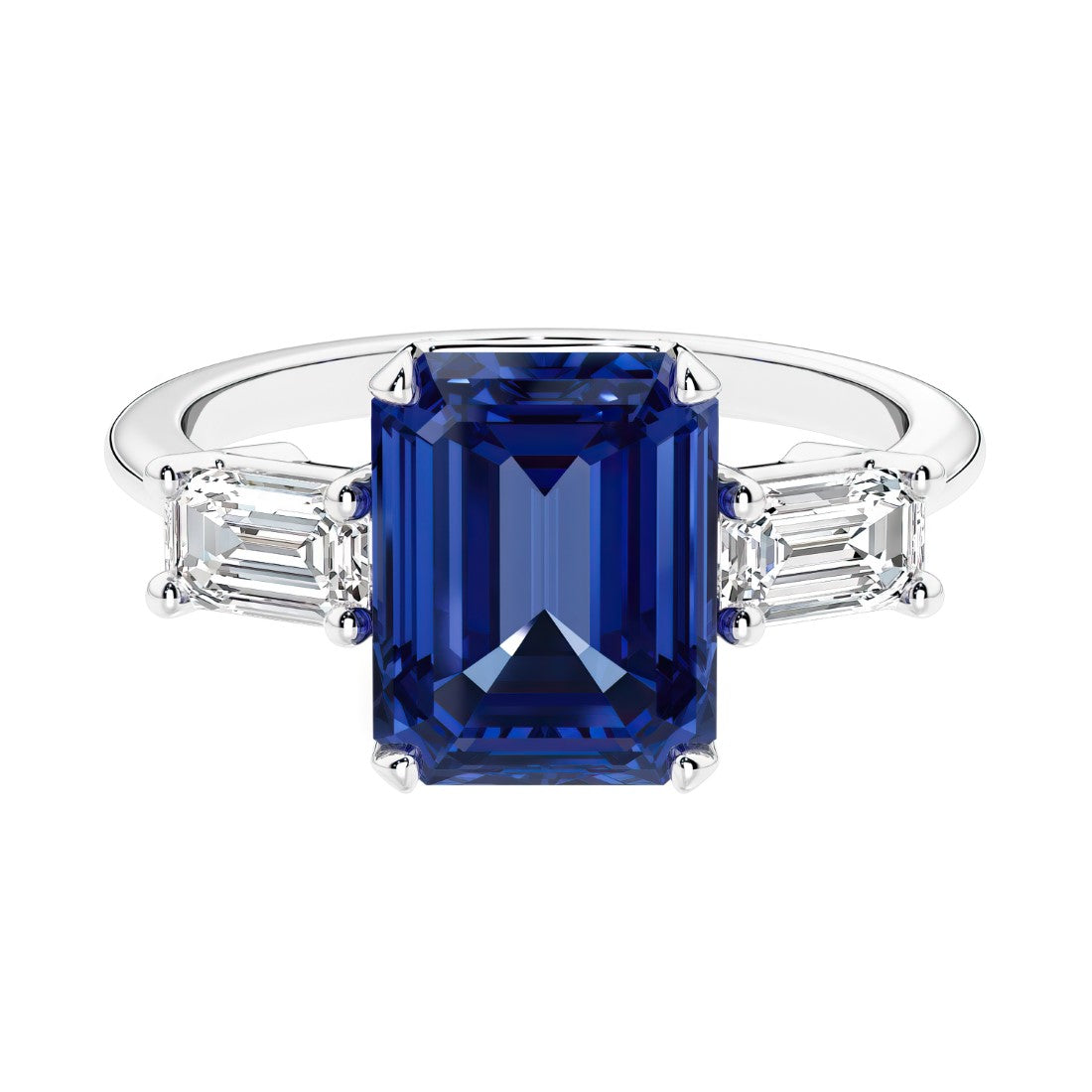 Three stone emerald cut engagement ring for timeless elegance featuring blue gemstone and diamonds.