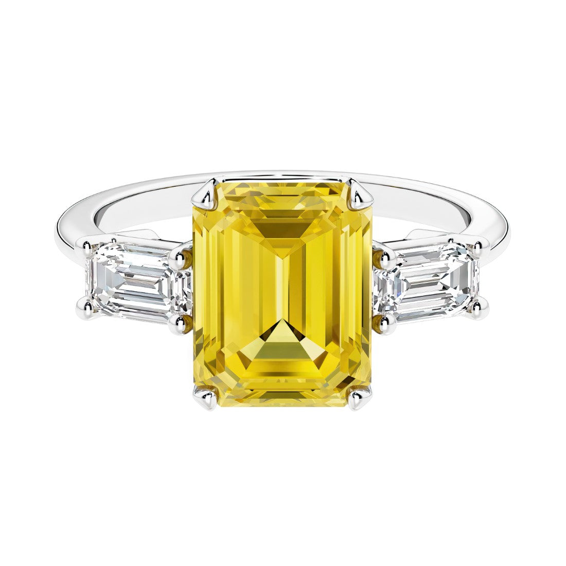 Three stone emerald cut engagement ring for timeless elegance featuring yellow gemstone and diamonds.