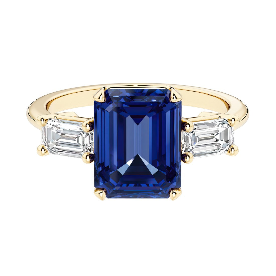 Emerald cut 3 stone engagement ring with blue gemstone and diamond accents.