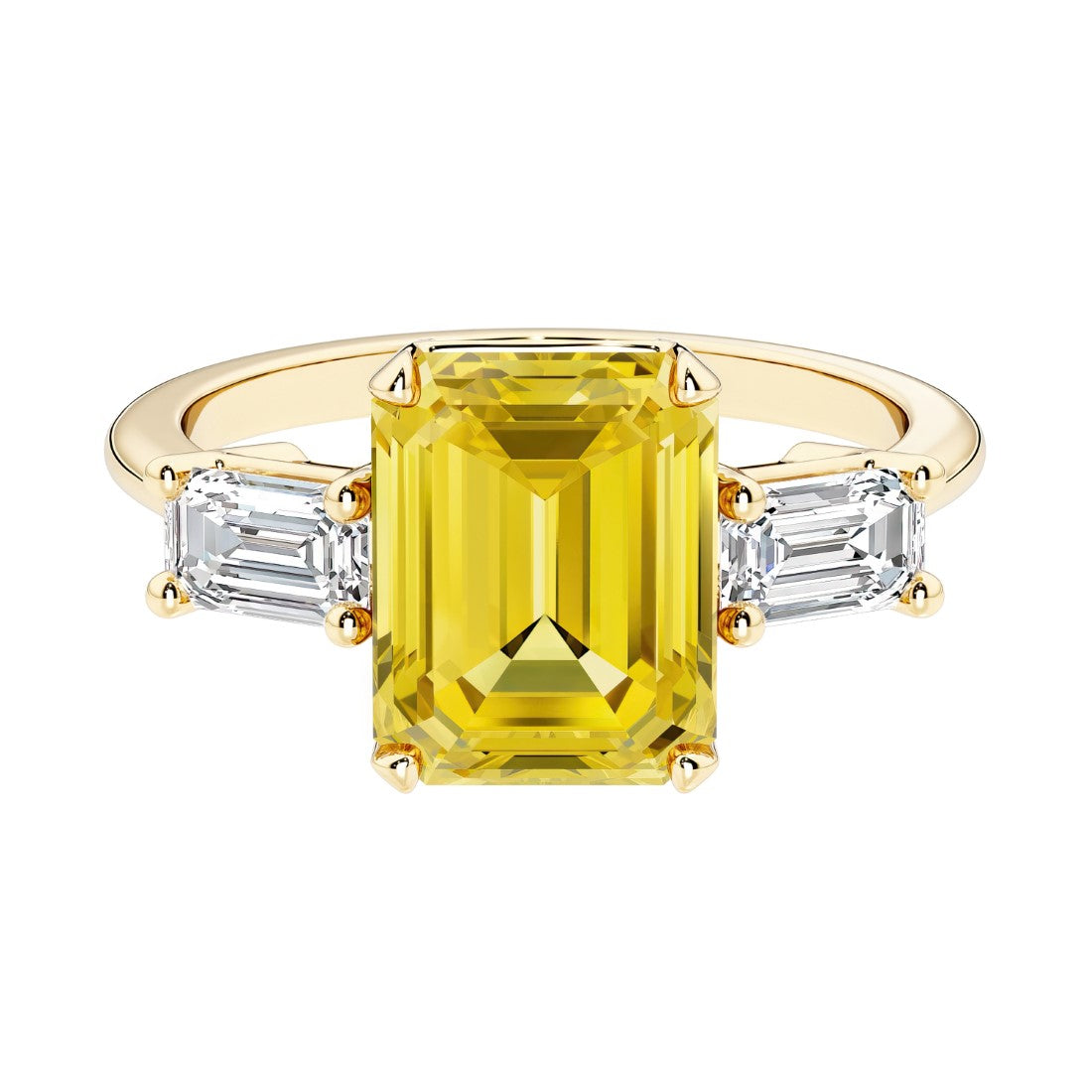 Emerald cut 3 stone engagement ring with yellow gemstone and diamond accents.