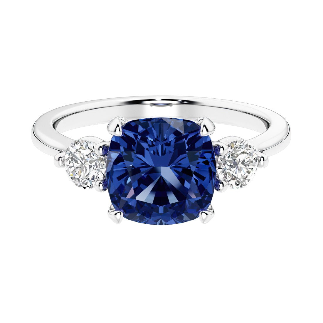 Cushion shaped engagement ring with brilliant diamonds.