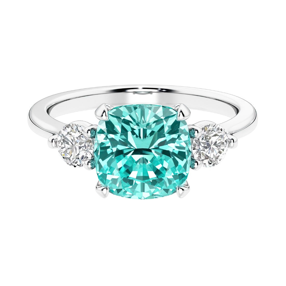 Cushion shaped engagement ring with brilliant diamonds.