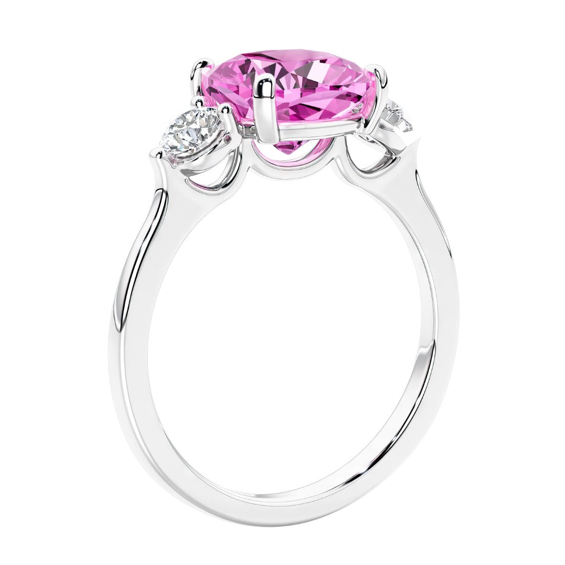 Cushion cut diamond ring as a unique engagement ring featuring three stone design.