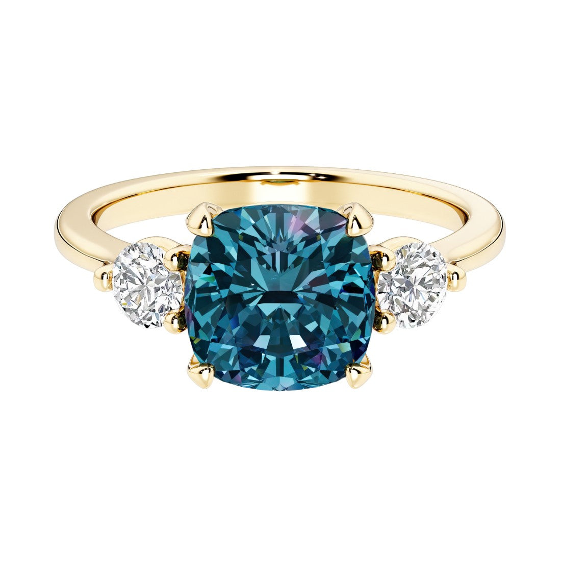 Cushion cut 3 stone engagement ring with soft corners and vintage charm.