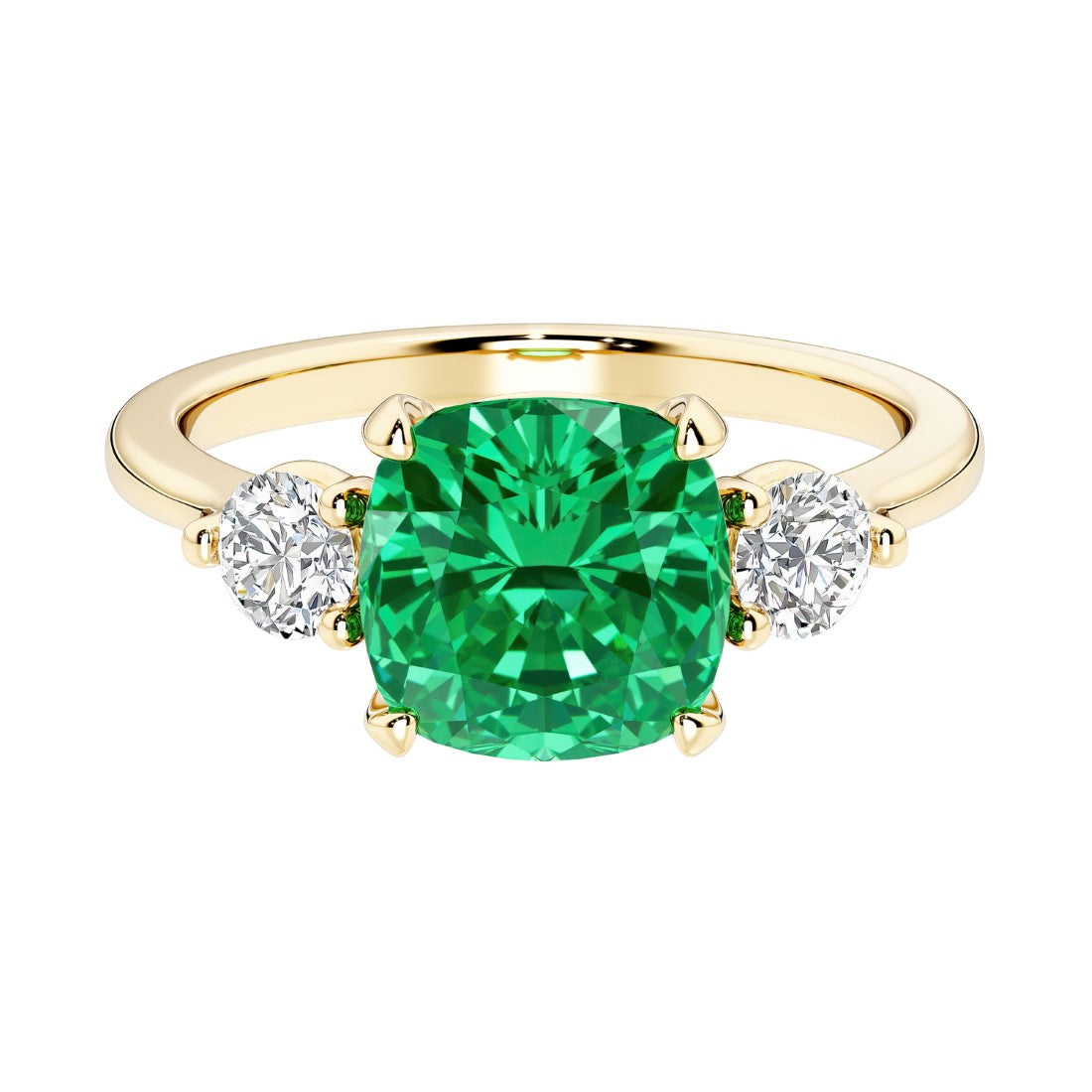 Cushion cut 3 stone engagement ring with soft corners and vintage charm.
