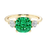 Cushion cut 3 stone engagement ring with soft corners and vintage charm.