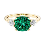 Cushion cut 3 stone engagement ring with soft corners and vintage charm.