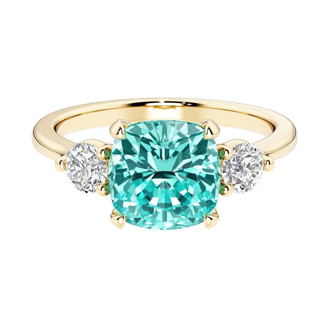 Cushion cut 3 stone engagement ring with soft corners and vintage charm.