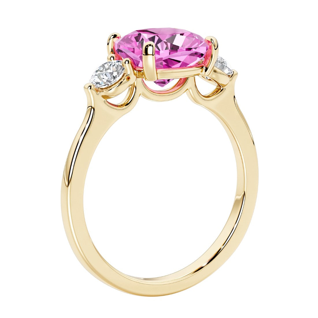 Three stone cushion diamond ring in yellow gold setting.