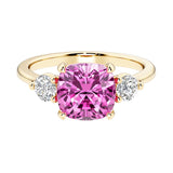 Cushion cut 3 stone engagement ring with soft corners and vintage charm.