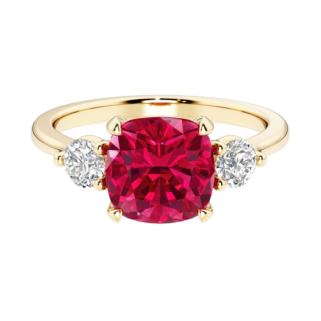 Cushion cut 3 stone engagement ring with soft corners and vintage charm.