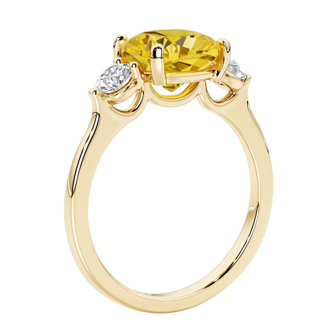 Three stone cushion diamond ring in yellow gold setting.
