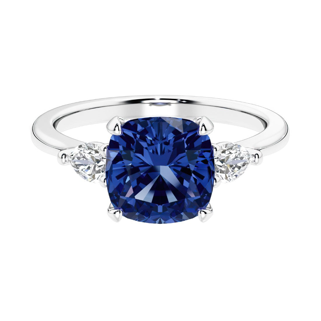 Cushion shaped engagement ring with brilliant diamonds and blue sapphire.