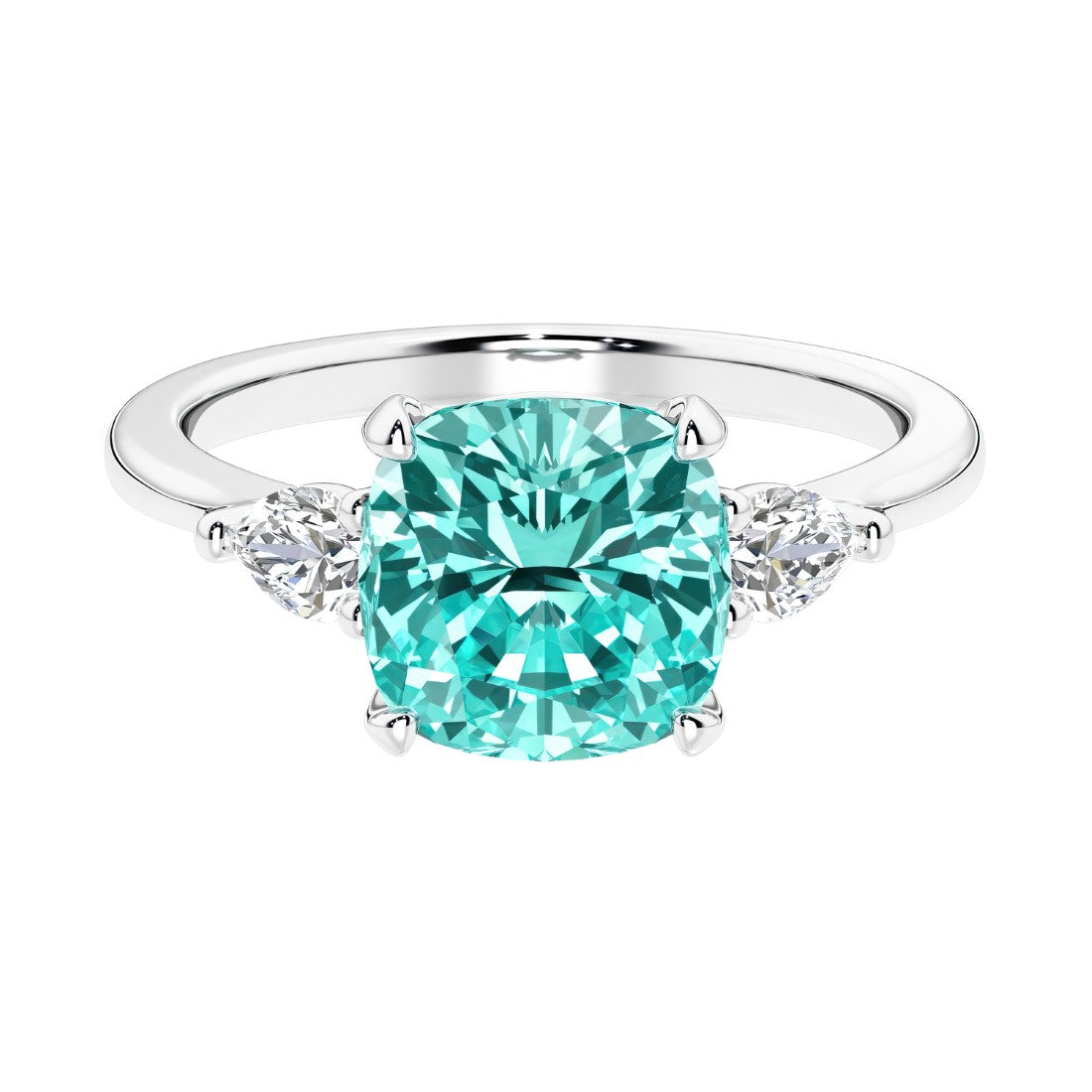 Cushion shaped engagement ring with brilliant diamonds and paraiba tourmaline.