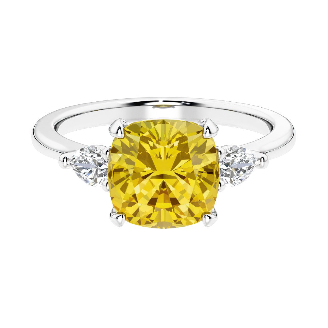 Cushion shaped engagement ring with brilliant diamonds and yellow sapphire.
