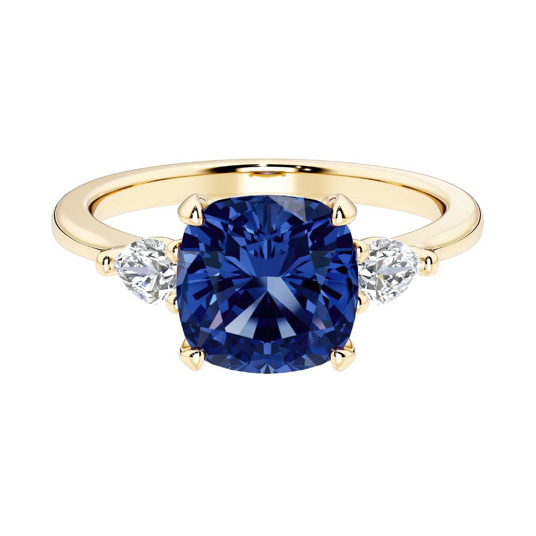 Cushion cut 3 stone engagement ring with soft corners and vintage charm.