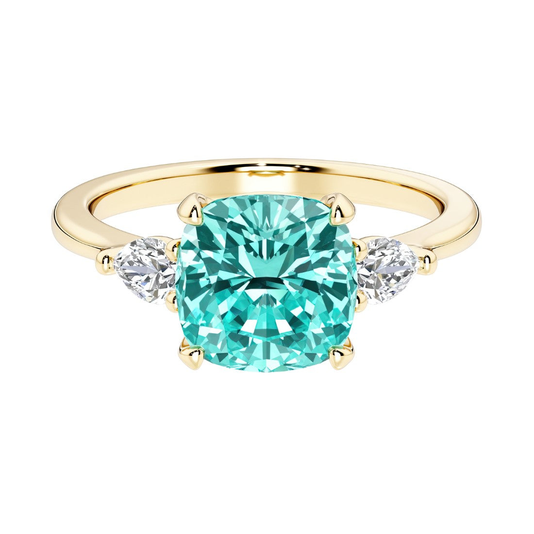 Cushion cut 3 stone engagement ring with soft corners and vintage charm.