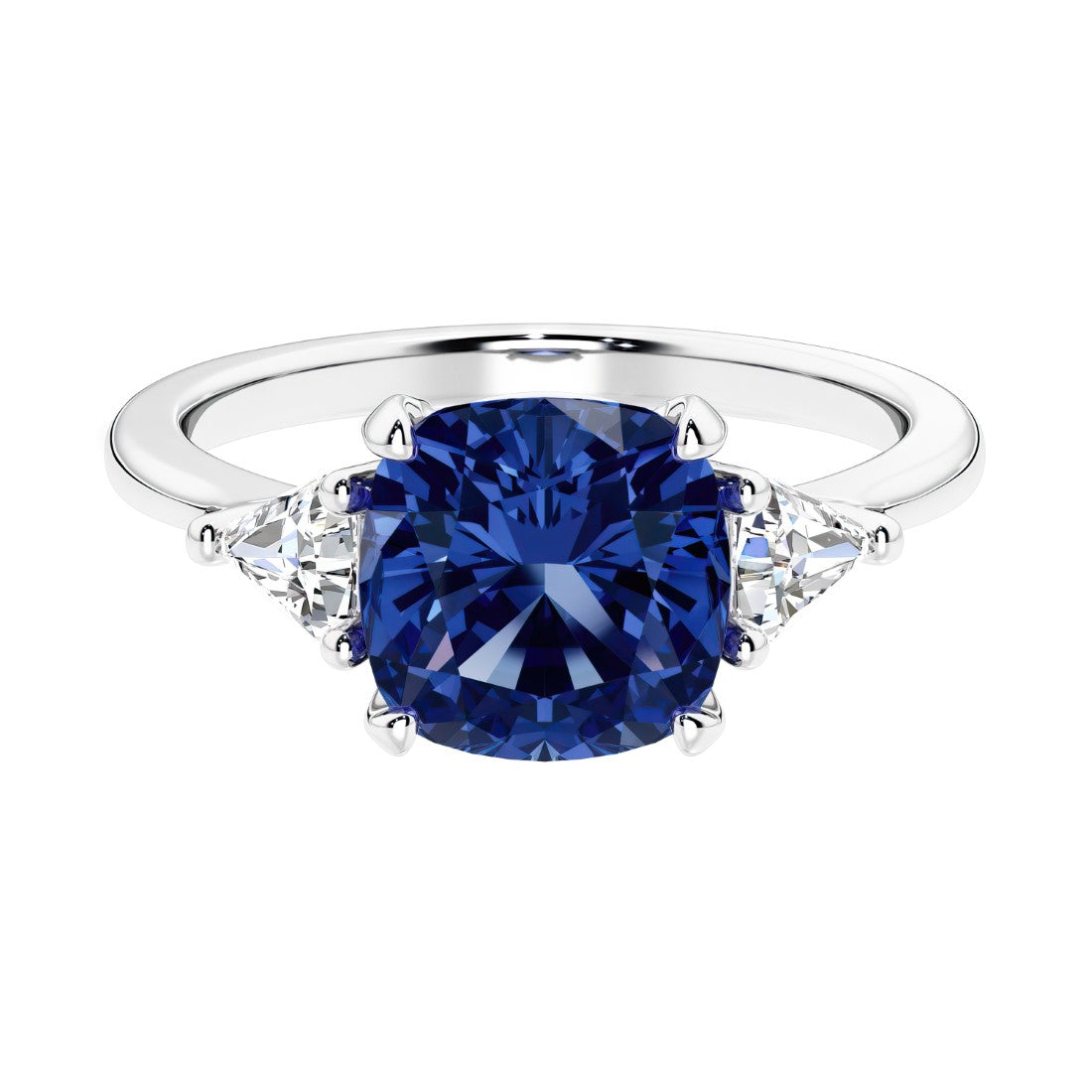 Cushion shaped engagement ring with brilliant diamonds and blue sapphire.