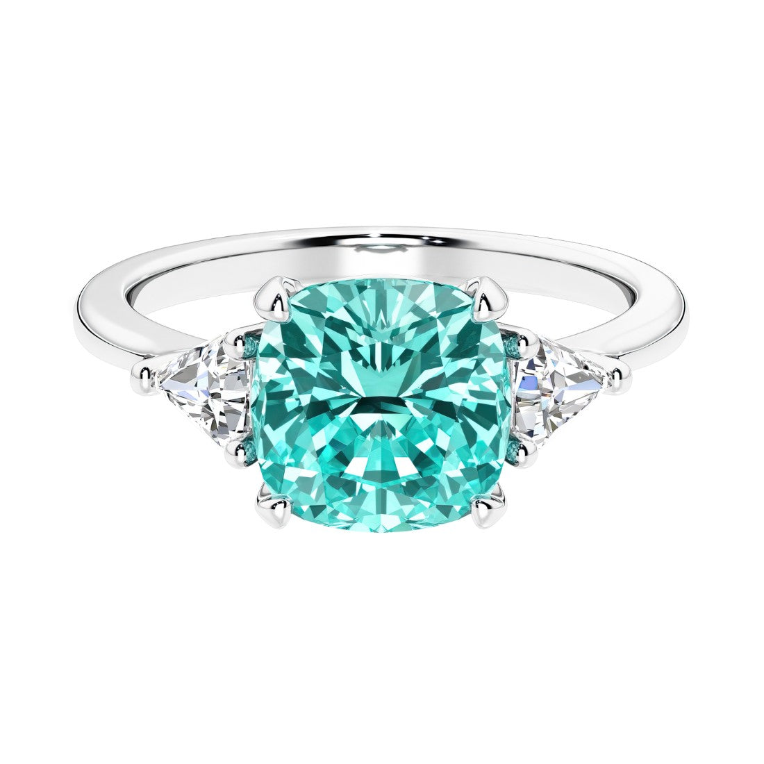 Cushion shaped engagement ring with brilliant diamonds and paraiba tourmaline.