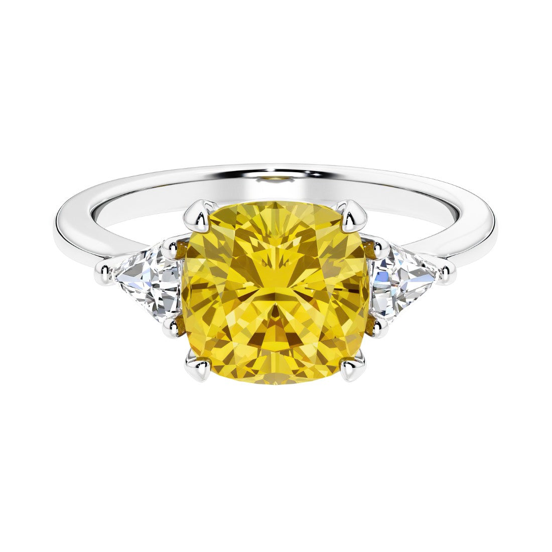 Cushion shaped engagement ring with brilliant diamonds and yellow sapphire.