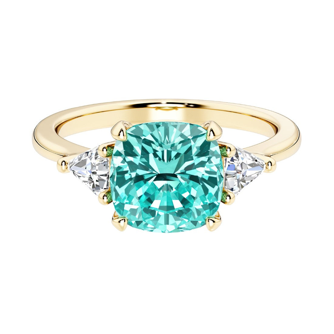 Cushion cut 3 stone engagement ring with soft corners and vintage charm.
