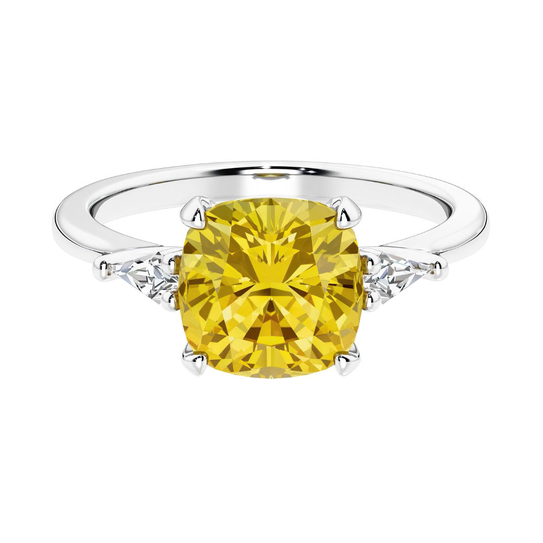 Cushion shaped engagement ring with brilliant diamonds and yellow gemstone.
