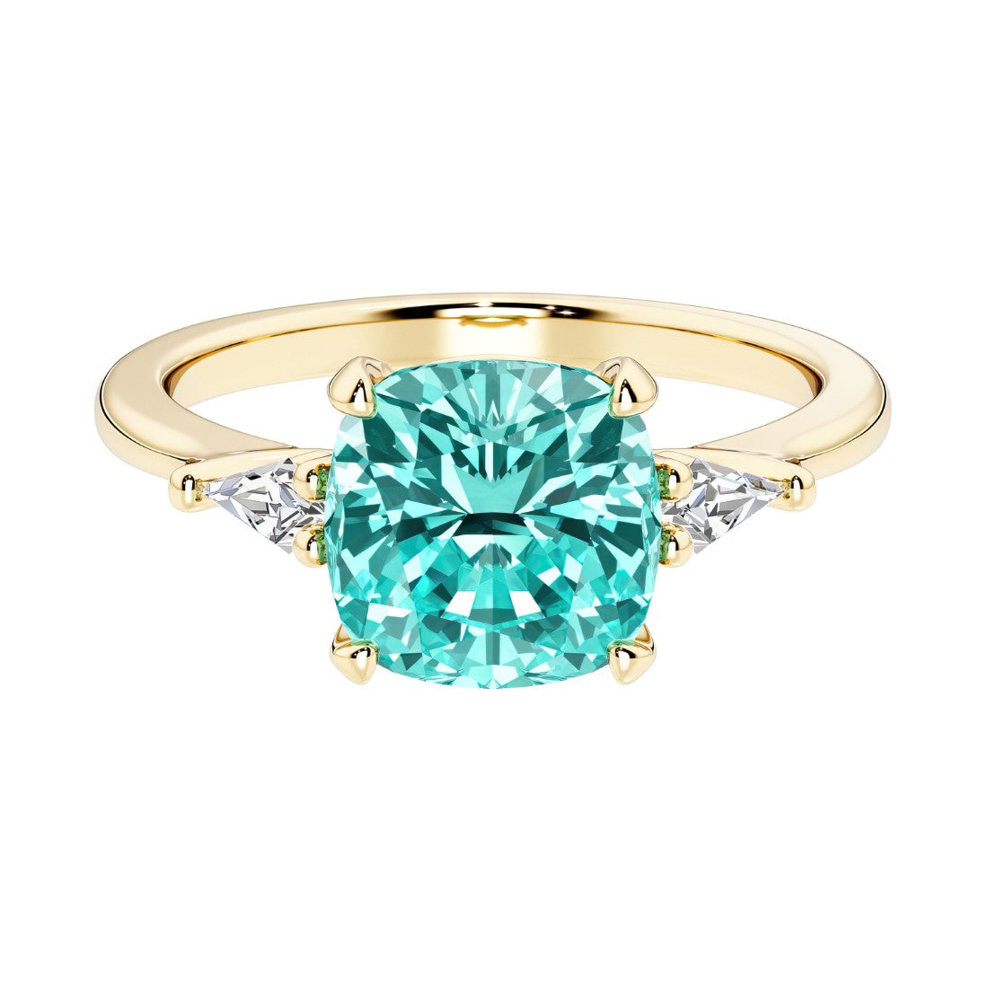 Cushion cut 3 stone engagement ring with soft corners and vintage charm.