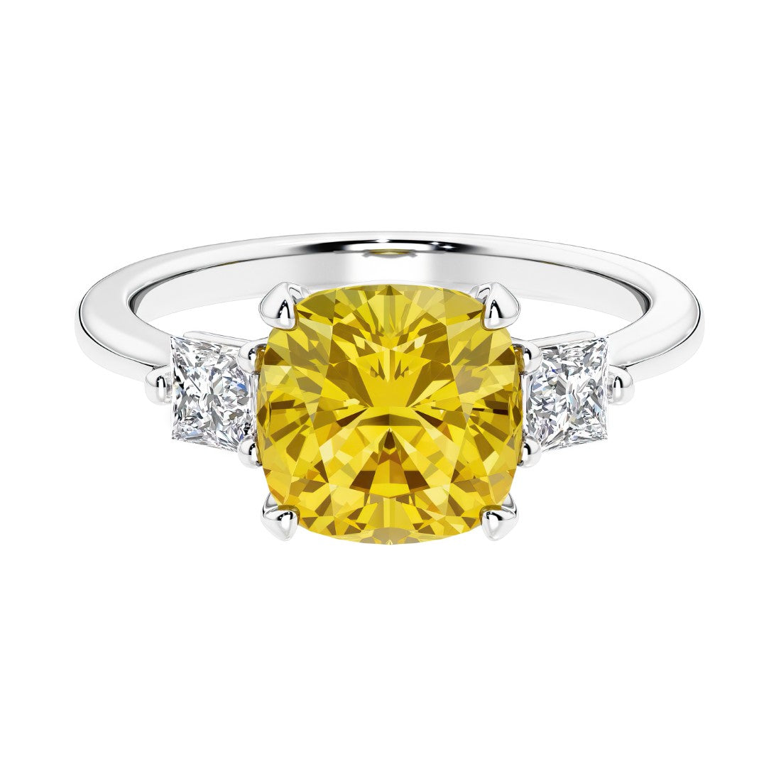 Cushion shaped engagement ring with brilliant diamonds and yellow gemstone.