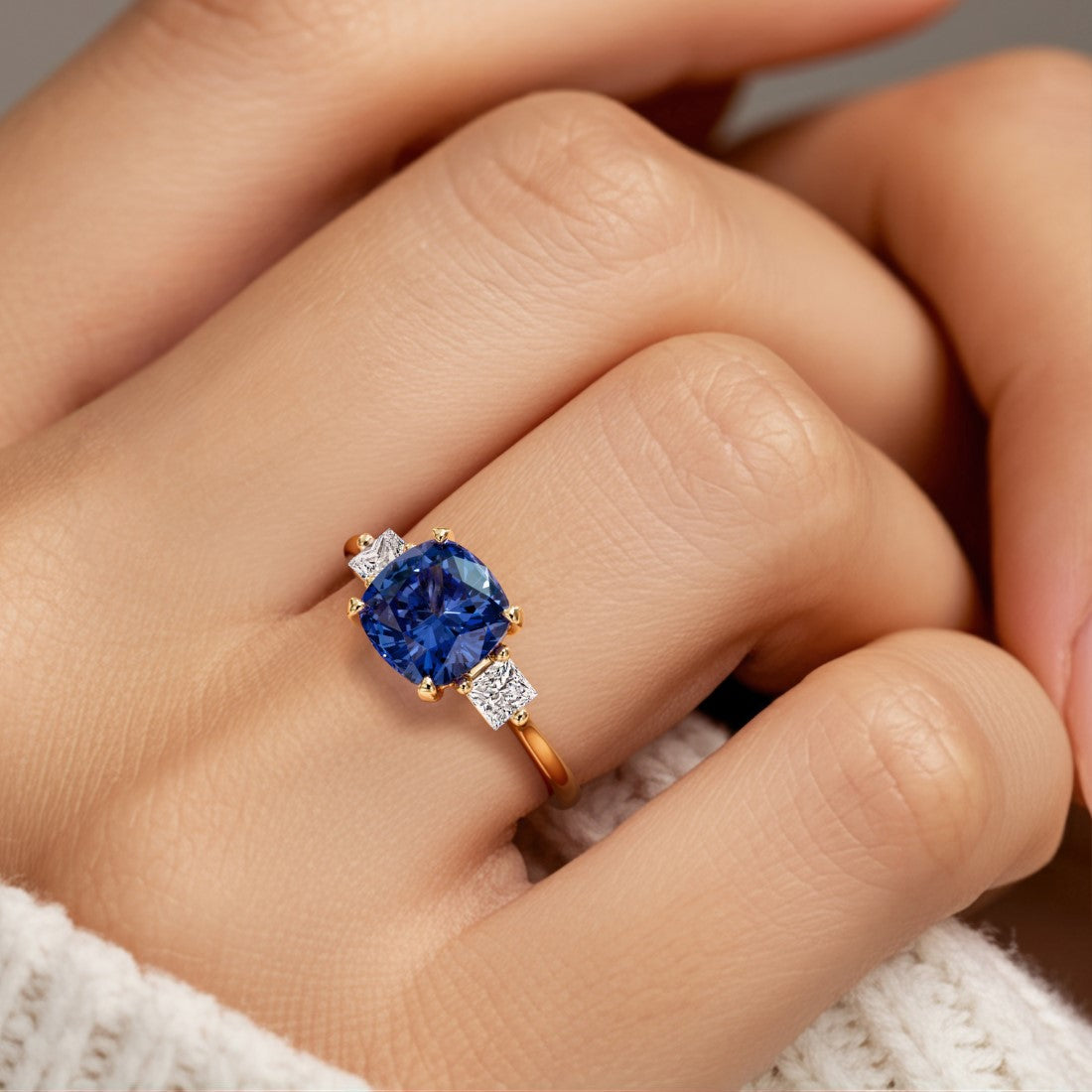 Woman wearing a cushion cut 3 stone ring with romantic styling featuring blue gemstone and diamonds.