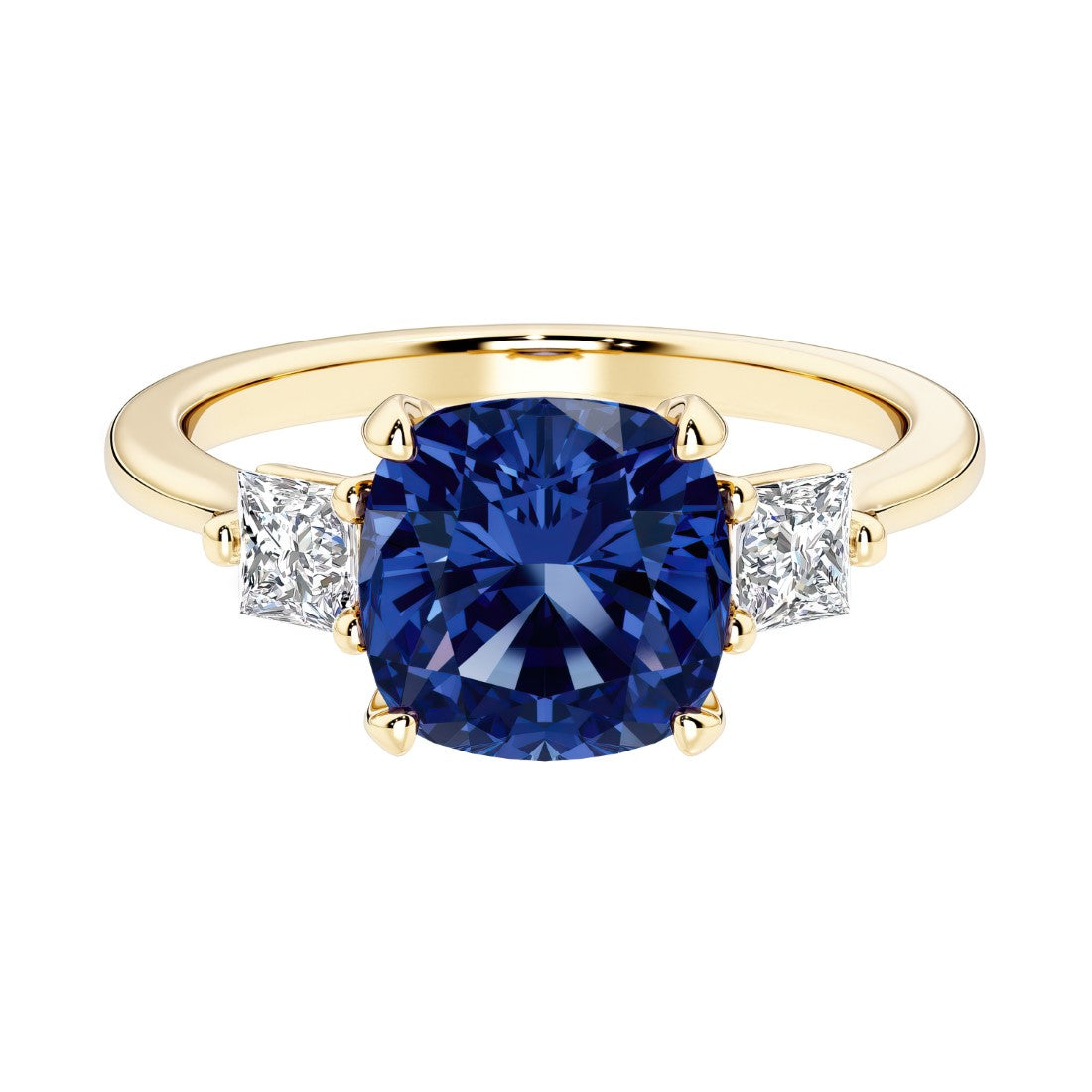 Cushion cut 3 stone engagement ring with soft corners and vintage charm.