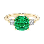 Cushion cut 3 stone engagement ring with soft corners and vintage charm.