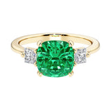 Cushion cut 3 stone engagement ring with soft corners and vintage charm.