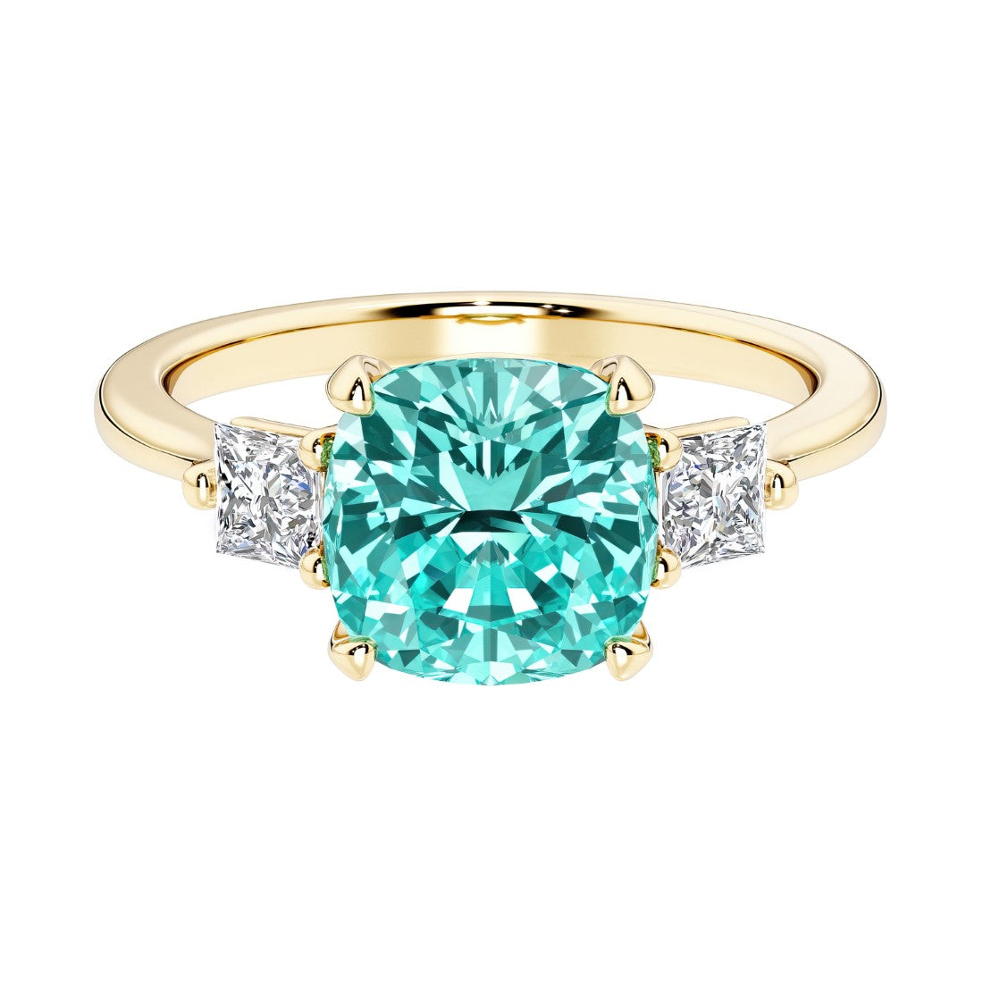 Cushion cut 3 stone engagement ring with soft corners and vintage charm.