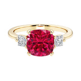 Cushion cut 3 stone engagement ring with soft corners and vintage charm.