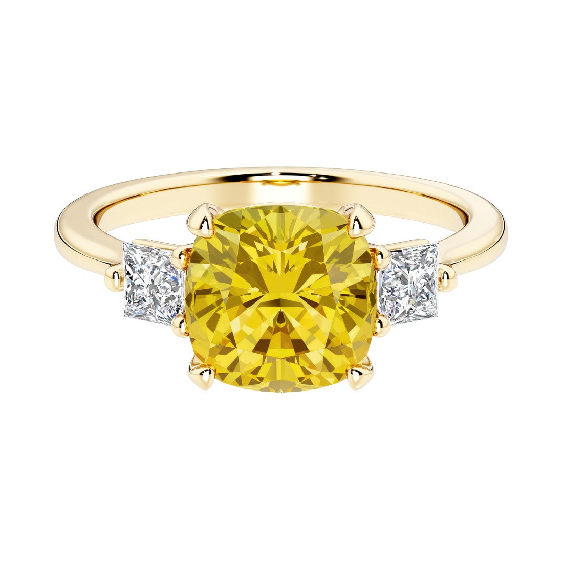 Cushion cut 3 stone engagement ring with soft corners and vintage charm.