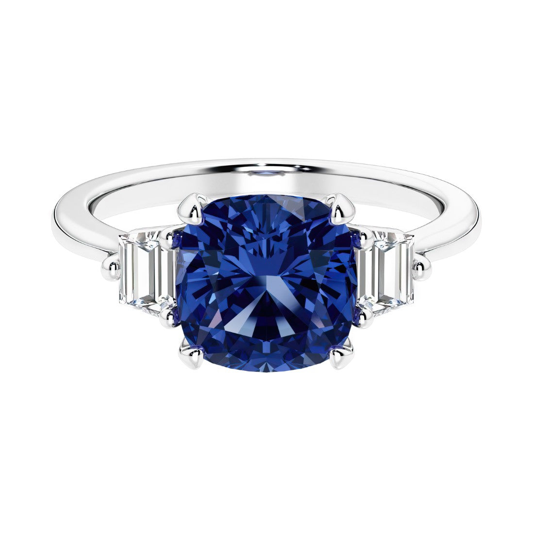 Cushion shaped engagement ring with brilliant diamonds and blue gemstone.
