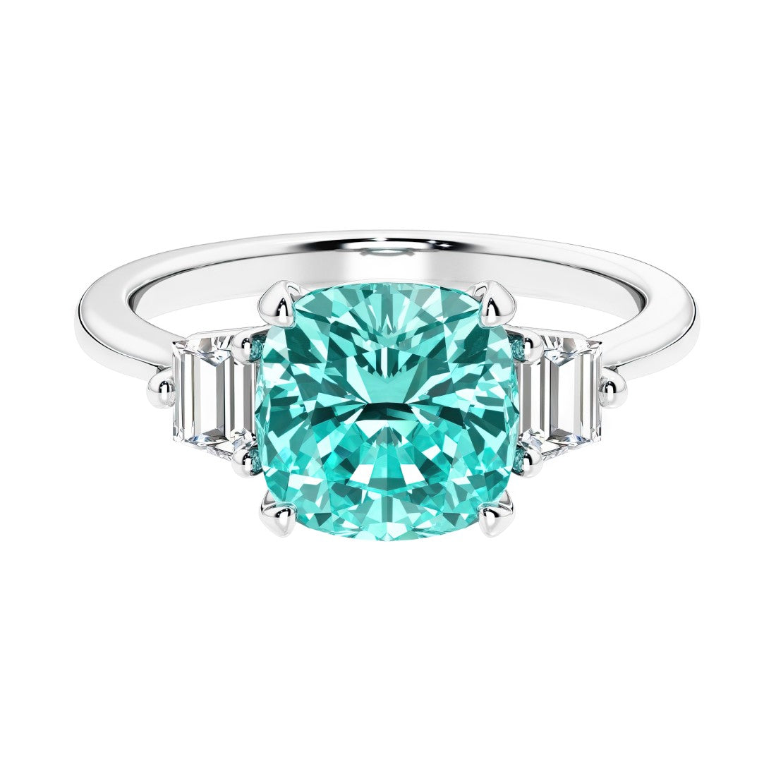 Cushion shaped engagement ring with brilliant diamonds and green gemstone.