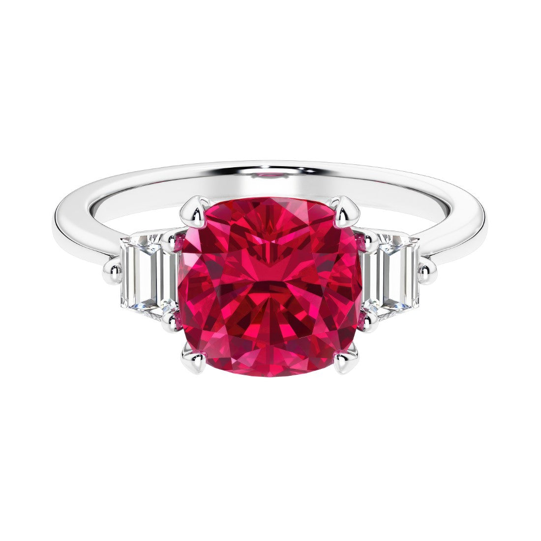 Cushion shaped engagement ring with brilliant diamonds and red gemstone.