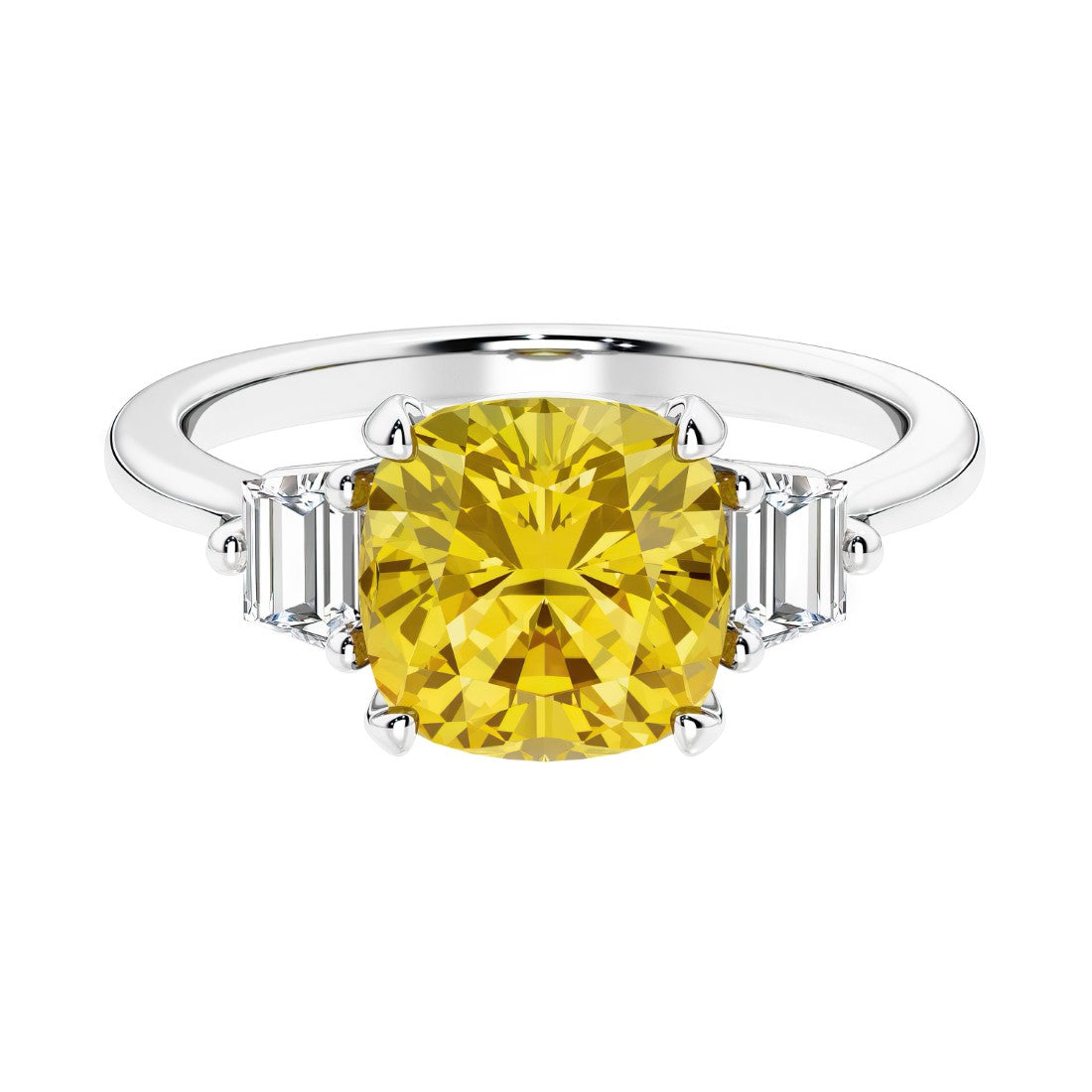 Cushion shaped engagement ring with brilliant diamonds and yellow gemstone.