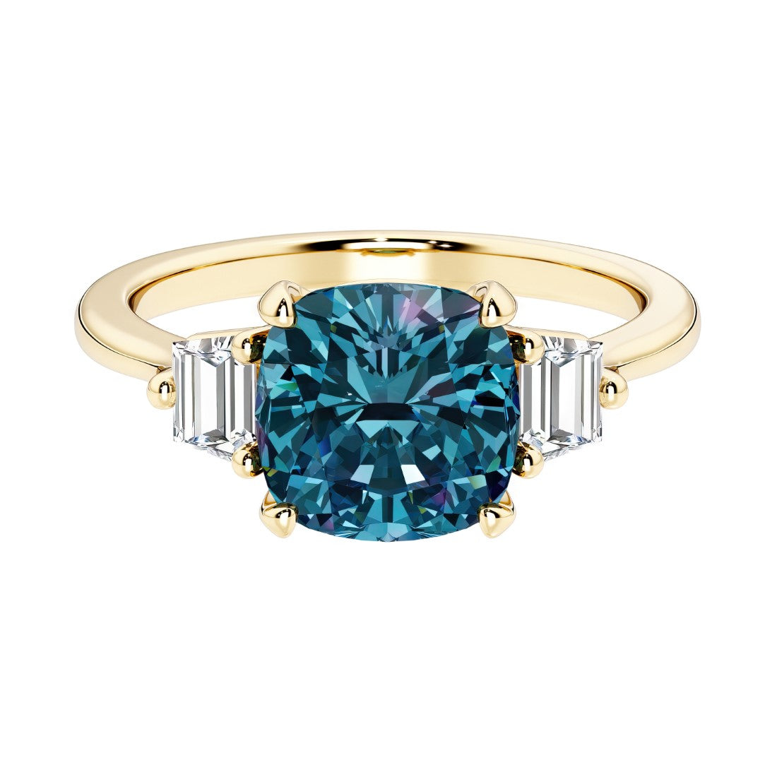 Cushion cut 3 stone engagement ring with soft corners and vintage charm.