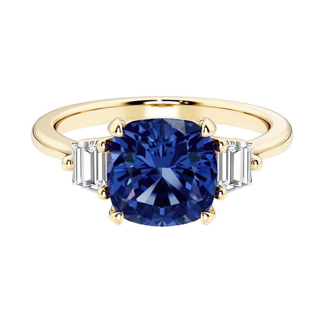 Cushion cut 3 stone engagement ring with soft corners and vintage charm.