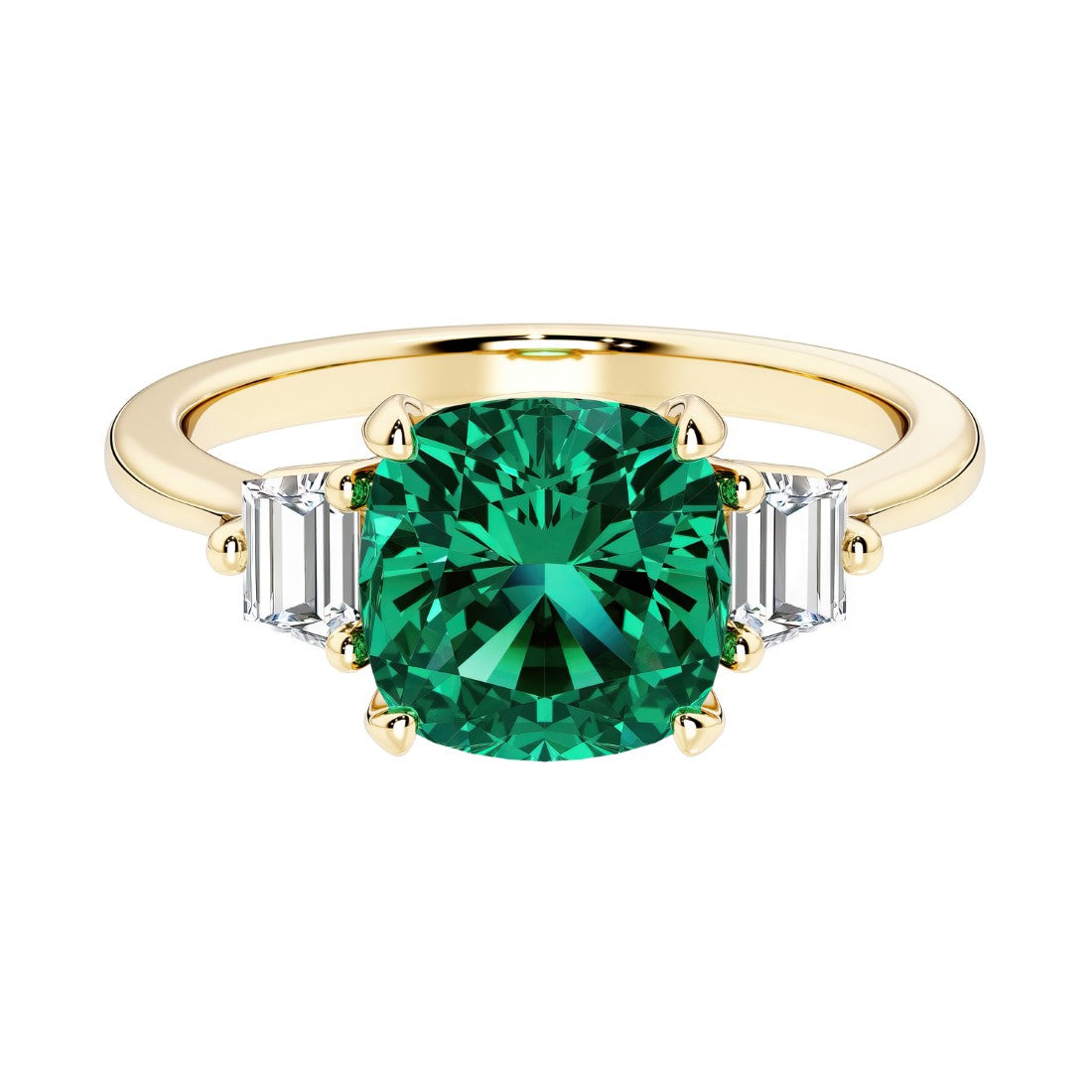 Cushion cut 3 stone engagement ring with soft corners and vintage charm.