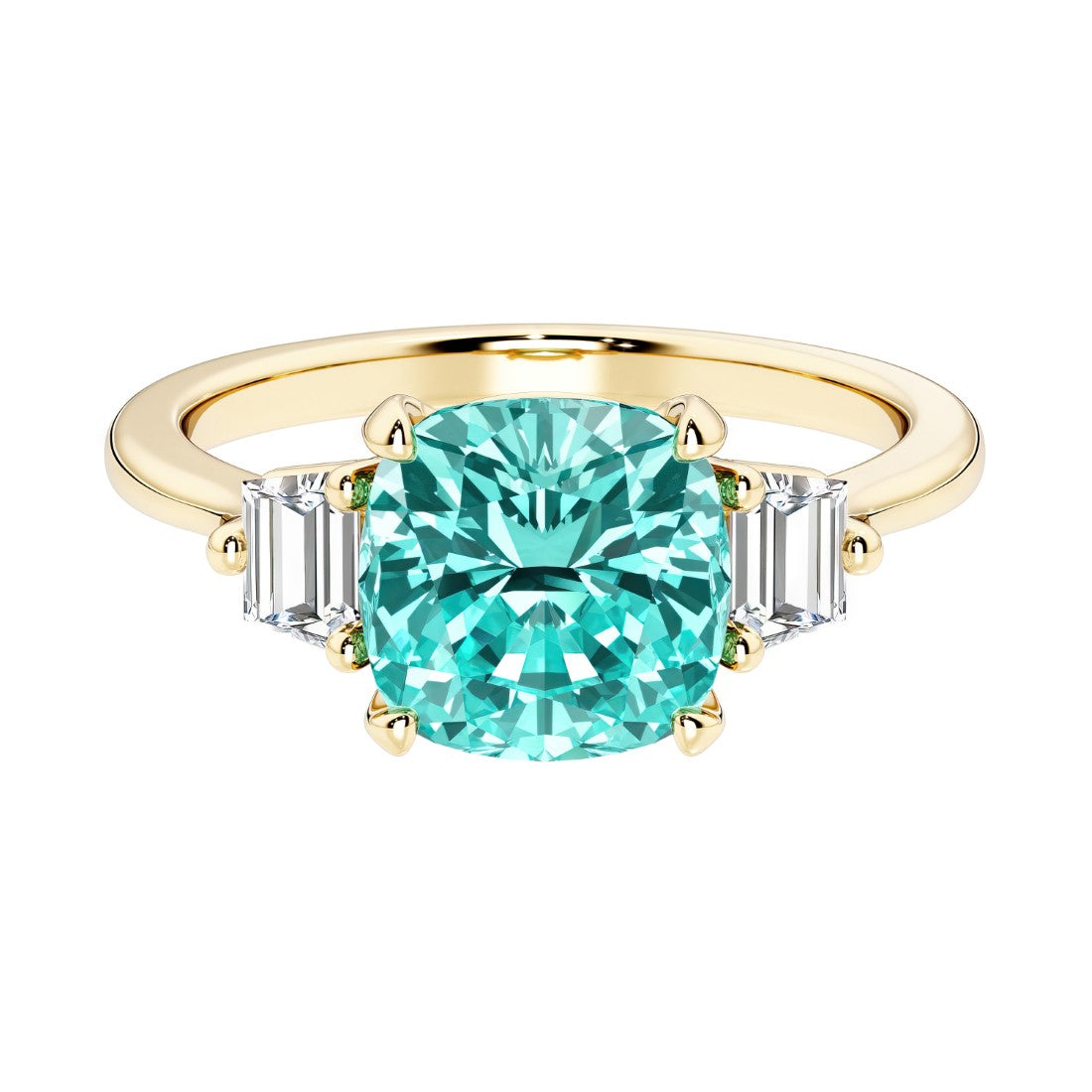Cushion cut 3 stone engagement ring with soft corners and vintage charm.